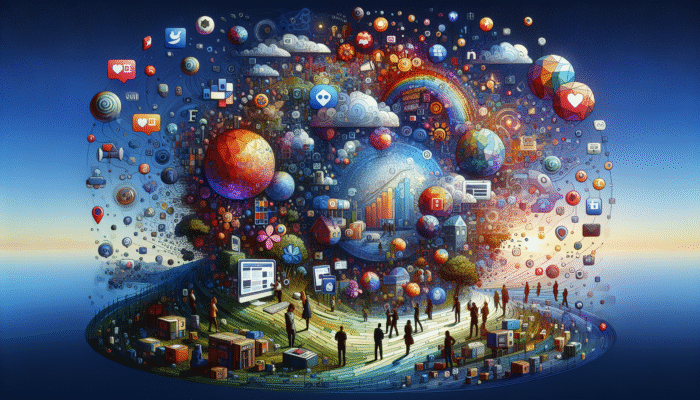 A vibrant digital landscape showing a small business website and social media icons updating with fresh content, symbolising growth in internet marketing.