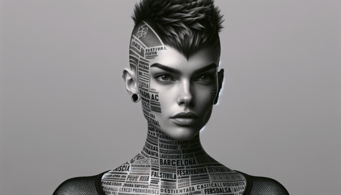 A woman with an undercut pixie haircut, shaved sides, longer top, styled for a festival in Barcelona.