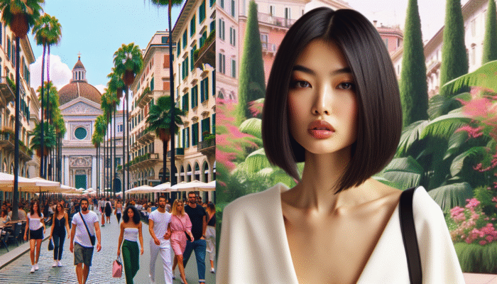 Woman with sleek A-line bob, shorter back, longer front, in LA and Milan settings.