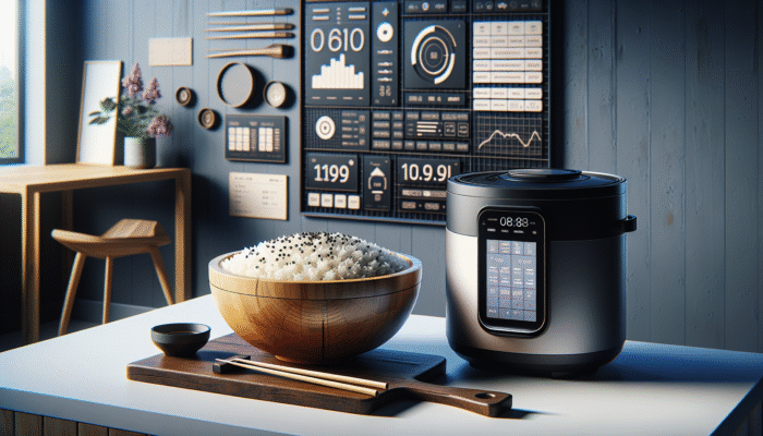 A modern kitchen with a rice cooker and a wooden hangiri bowl filled with sushi rice.