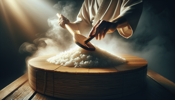 Chef using paddle to fluff glossy, cohesive sushi rice in wooden hangiri, steam rising.