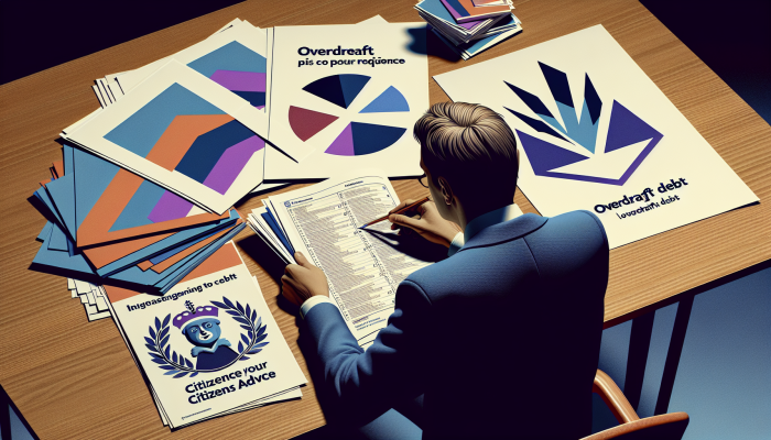 Person reviewing financial documents and budgets with UK financial advice pamphlets and Citizens Advice logo.