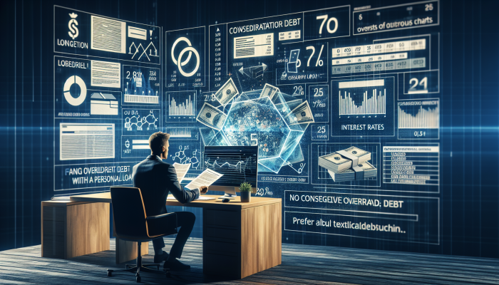 Person reviewing loan documents and financial charts at a desk, analyzing interest rates for debt consolidation.