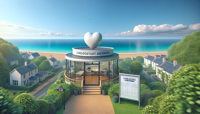 A seaside clinic in Bexhill-on-Sea offering cholesterol testing, surrounded by greenery and sea.