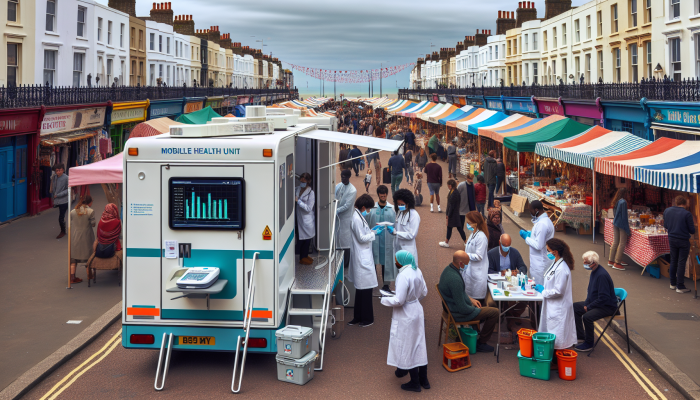 Mobile health unit at Bexhill-on-Sea market providing cholesterol testing to diverse residents.