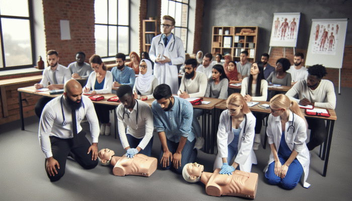 Community members learning first aid, CPR, and natural remedies in a workshop led by local medical professionals.