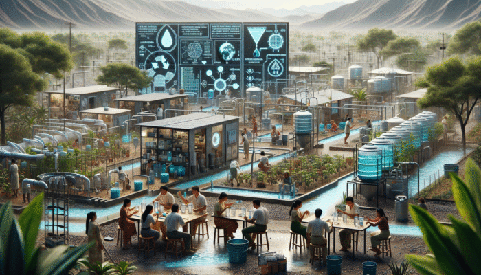 Prepper community with advanced water systems including rainwater harvesting, solar distillation, and filtration units, ensuring sustainable and safe water supply.