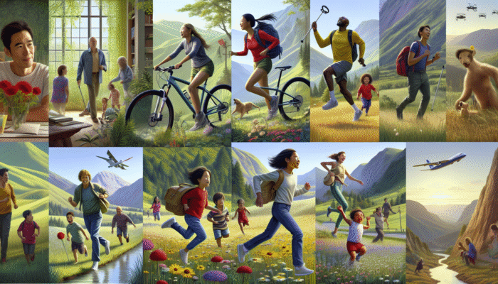Joint Health Supplements: People hiking, biking, and playing with children in a lush outdoor setting, symbolizing enhanced mobility.