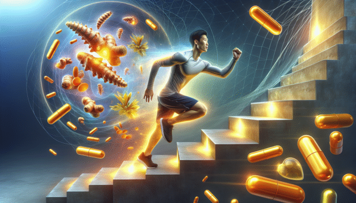 Person climbing stairs and playing sports, surrounded by turmeric roots and capsules, symbolizing reduced inflammation and improved joint health.