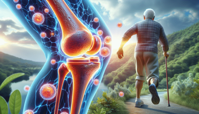 A knee joint with glowing glucosamine molecules repairing cartilage, elderly person walking pain-free in nature.