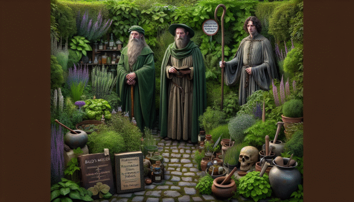 How to Create Custom Herbal Blends: A Celtic druid with herbs, medieval apothecary with Bald's Leechbook, and Nicholas Culpeper in a garden.