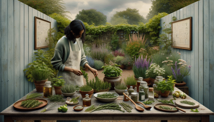 A person selecting herbs like rosemary, thyme, and mint in a rustic UK garden under a cloudy sky.