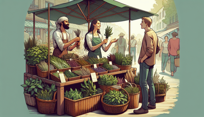 A farmers' market stall with fresh, organic herbs in baskets, a grower explaining varieties to a customer.