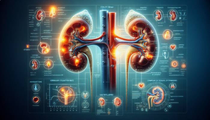 Illustration of kidneys showing health indicators like GFR, creatinine, urine protein, and symptoms such as fatigue, leg swelling, and altered urination.