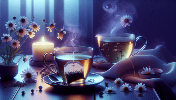 How Chamomile Aids Relaxation: Two cups of chamomile tea on a serene table; one with a German chamomile tea bag, the other with Roman chamomile loose leaves.