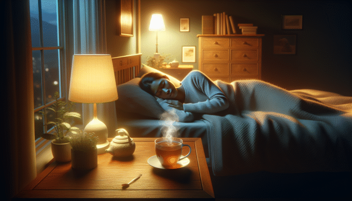 A serene bedroom at twilight with chamomile tea, a person asleep under a cozy blanket.