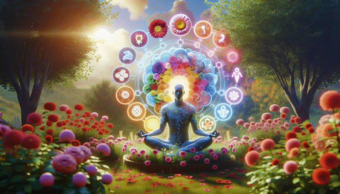 A person meditating in a garden, using 4-7-8 breathing, transforming negative thoughts into positive affirmations.