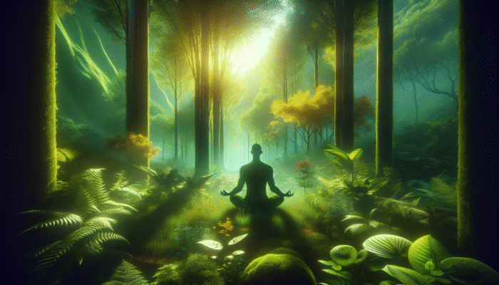 A person meditating in a lush forest, embracing nature's calm for mindfulness.