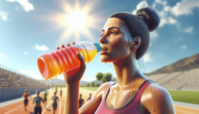 Person drinking colourful electrolyte drink, sweating in hot, sunny environment, emphasising hydration and physical activity.