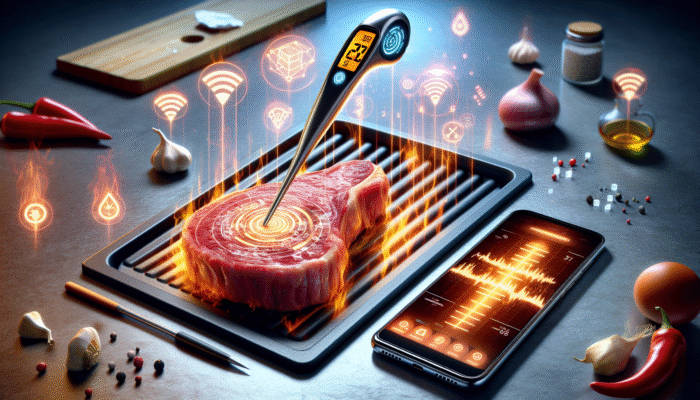 Digital meat thermometer with LCD display in grilled steak, wireless icons, smartphone monitoring on modern kitchen countertop.
