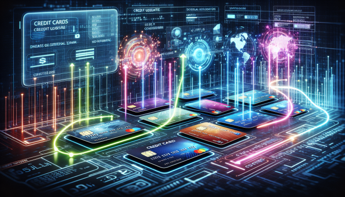 Abstract visualization of credit cards linked to a graph showing credit scores fluctuating based on utilization.