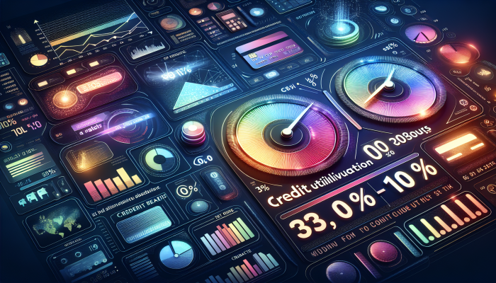 Infographic showing credit utilisation rates with gauges at 30% and 10%, surrounded by financial symbols.