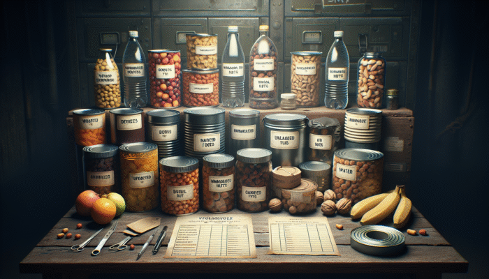 Assorted survival foods like cans, dried fruits, nuts, and water bottles on a wooden table in a bunker.