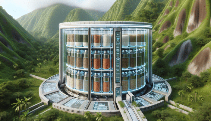 Futuristic seed bank vault in hillside, glass vials with diverse seeds for sustainable food sources.