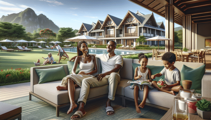 Family in a spacious resort suite, kids playing at club, parents relaxing amidst greenery.