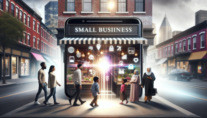 A vibrant Google local listing on a smartphone attracting customers to a bustling small business storefront.