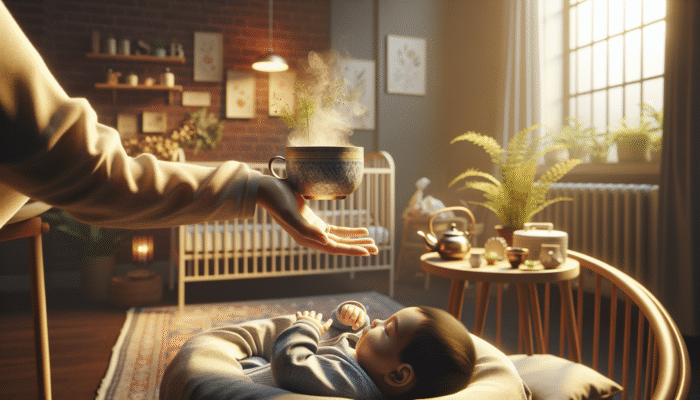 A parent offering herbal tea to a soothed, teething baby in a cozy nursery, fostering bonding.