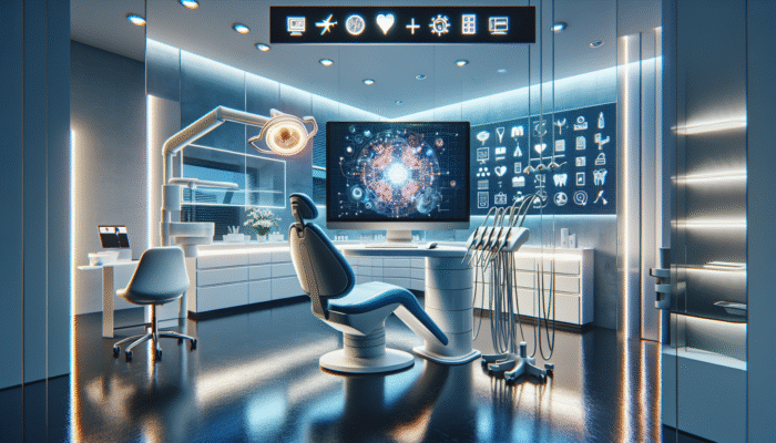 A modern dental office with a computer screen displaying an interactive website featuring updated content, engaging visuals, and a content calendar.