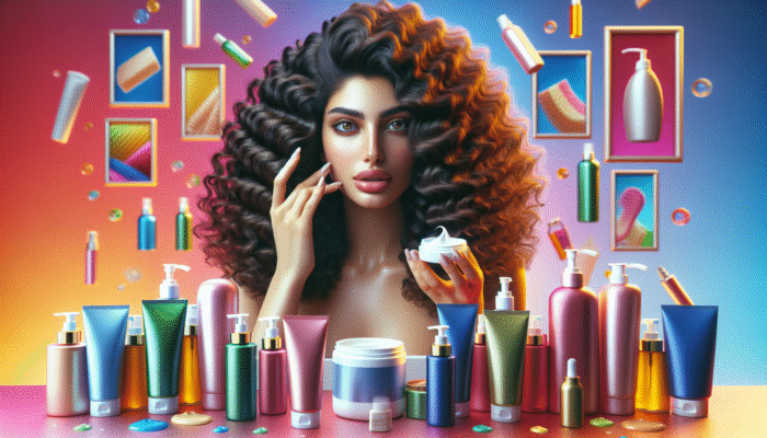 Woman with bouncy curls using curl cream, surrounded by gels and mousses on a vanity.