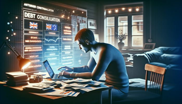 Debt Consolidation With Variable Interest Rates: A Guide | DCL A person researching debt consolidation on a laptop amidst financial documents in a cozy UK home office.