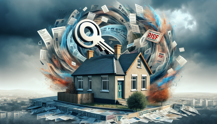 Debt Consolidation With Variable Interest Rates: A Guide | DCL British home with key symbolizing equity, debts merging, cloudy sky, foreclosure notice in background.