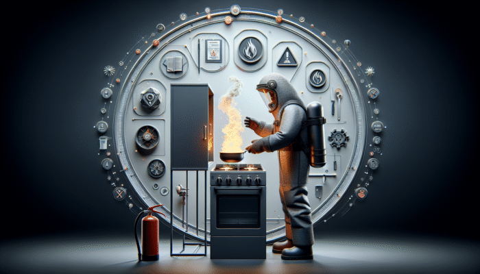 Person using stove or fireplace safely, wearing protective gear, with fire extinguisher and safety signs visible.