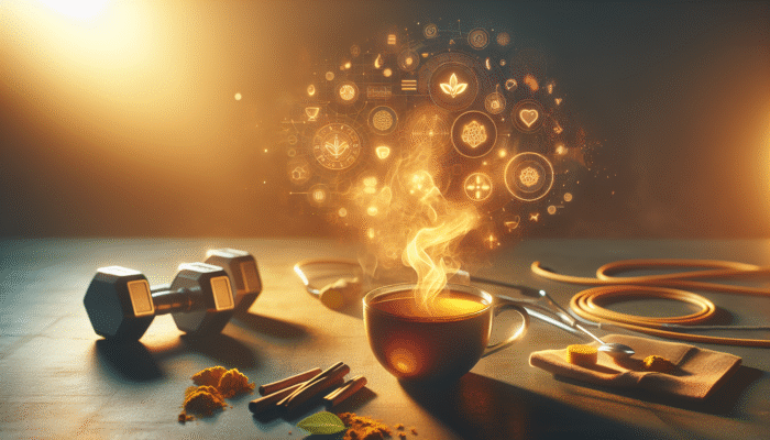 A steaming cup of golden turmeric tea with cinnamon and ginger, in a soothing, warm-lit post-workout scene.