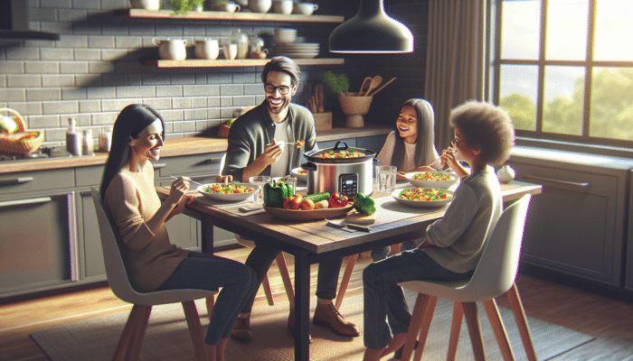 A modern kitchen scene with a slow cooker preparing a healthy stew, family enjoying a meal together.