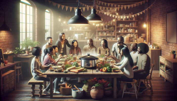 Diverse family laughing and cooking together around a steaming slow cooker on a rustic table.