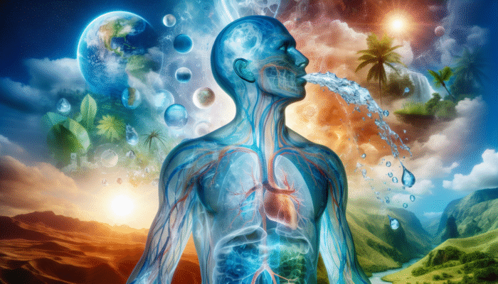 Why Hydration Supplements Matter: Illustration of a human body with water flow, showing hydration's effects on temperature, digestion, and nutrient transport across climates.