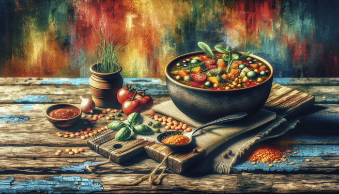 A steaming bowl of lentil soup with vegetables, herbs, and spices on a rustic table.