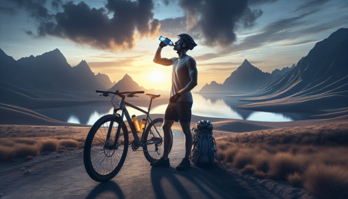 Cyclist hydrating with water and electrolyte drink before a long-distance ride, bike and scenic pre-dawn landscape in background.