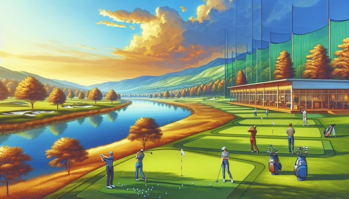 Golfers practicing at Mooi River Country Club's driving range, putting green, and chipping area, with a pro shop nearby.