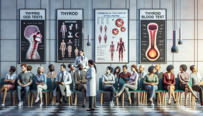 Diverse patients waiting for thyroid tests in Stowmarket NHS clinic, with medical posters and GP consultation.