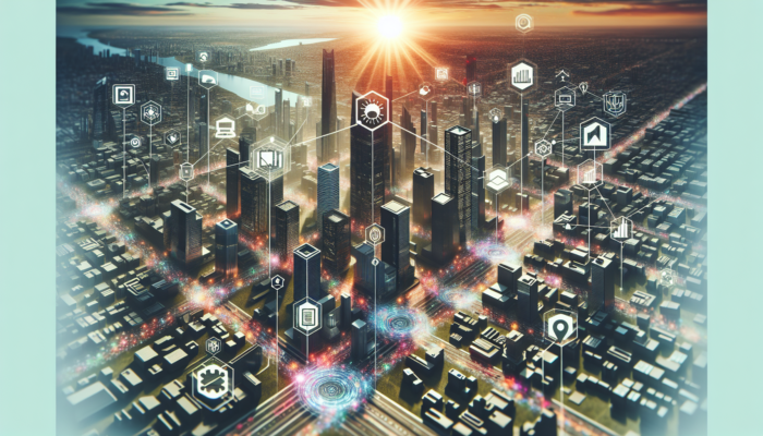 A vibrant digital map with businesses and Google's logo, showing urban connectivity and efficiency.