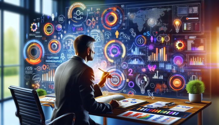 A modern dashboard showing graphs and analytics, with a business owner analyzing customer data on a large screen.