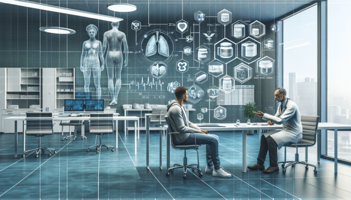 Patient discussing medication dosage with healthcare professional in a modern, safe clinic.