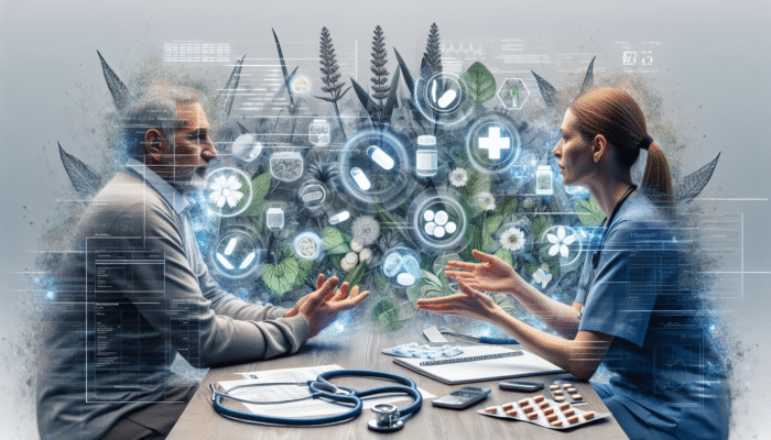 Patient discussing herbal remedy dosages and drug interactions with a UK healthcare provider, charts visible.