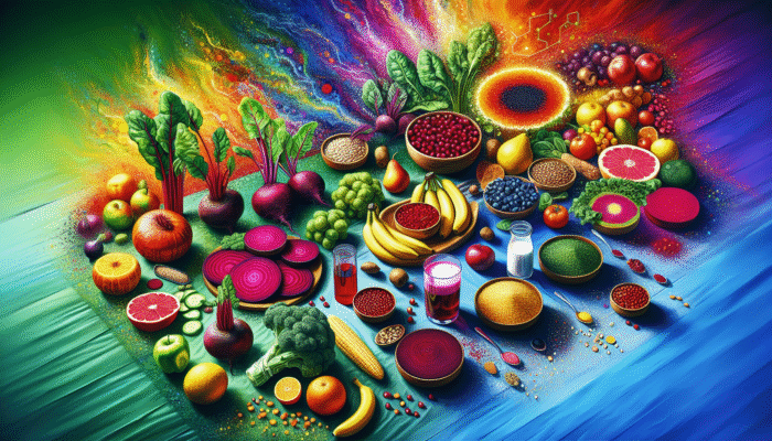 A table with nitrate-rich vegetables like beets and spinach, fruits, and whole grains boosting nitric oxide levels.