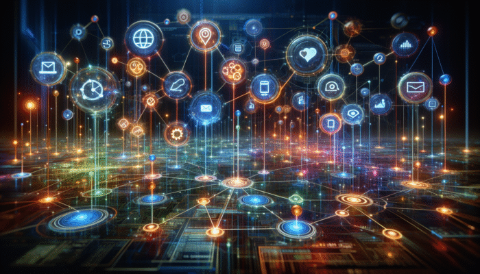 A futuristic digital landscape with nodes representing search engines, social media, email, and mobile apps, interconnected by glowing lines.